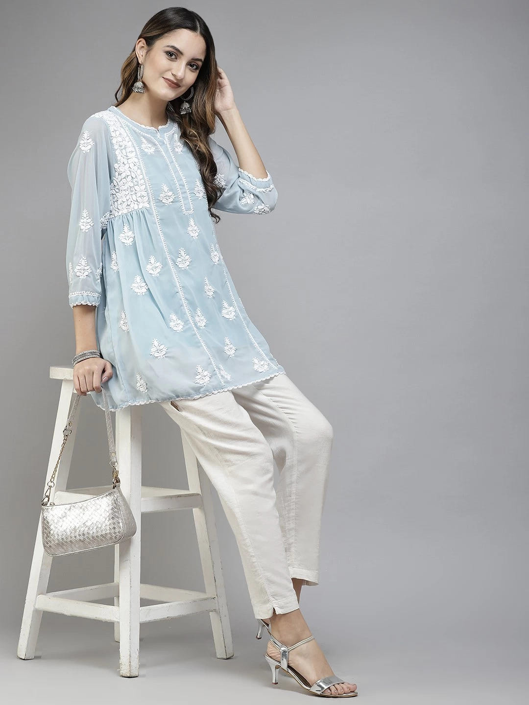 Ada Hand Embroidered Light Blue Georgette Lucknowi Chikankari Flared Kurti With Slip A911254
