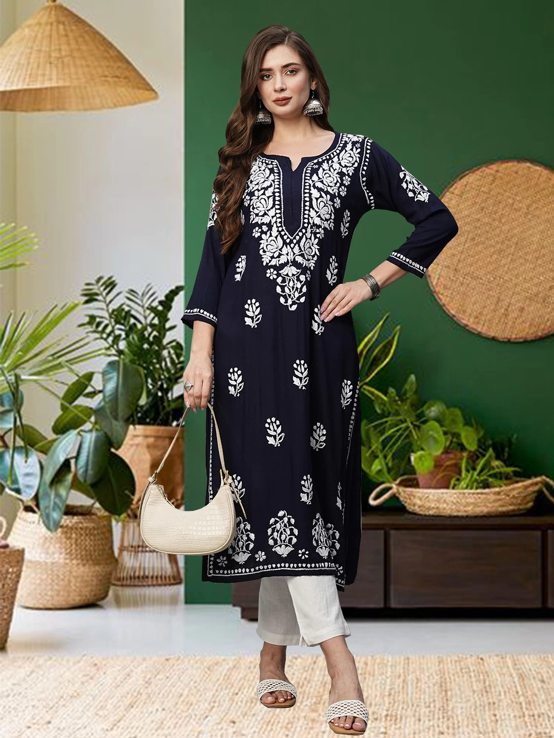 Ada Hand Embroidered Navy Blue Rayon Lucknowi Chikankari Straight Kurta A411514