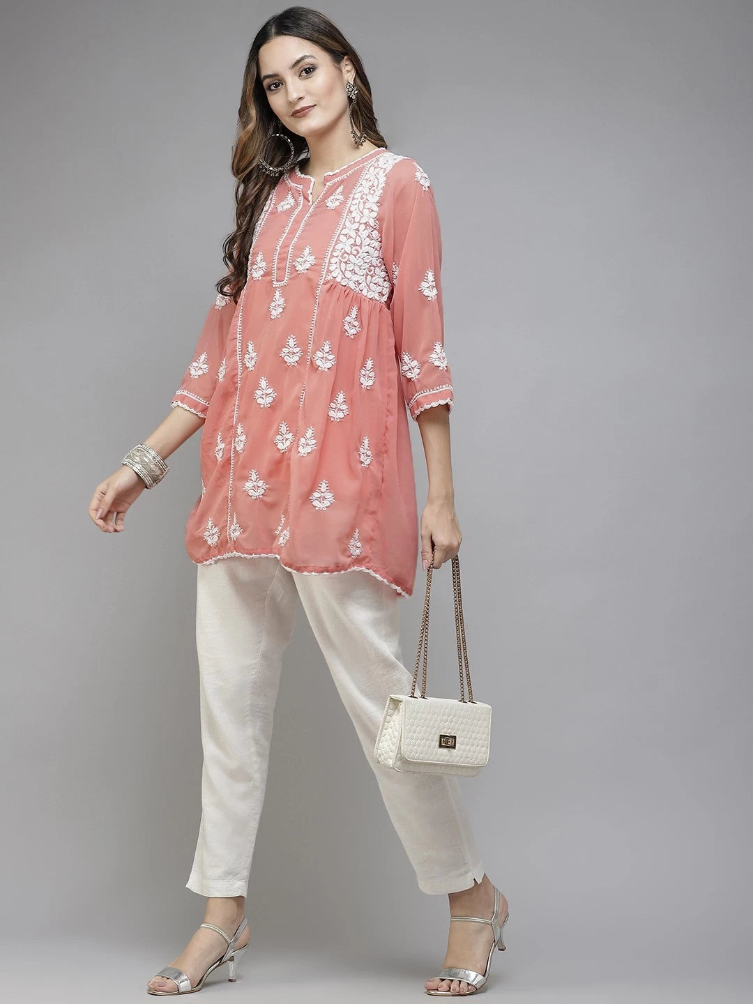 Ada Hand Embroidered Peach Georgette Lucknowi Chikankari Short Kurti With Slip A911259