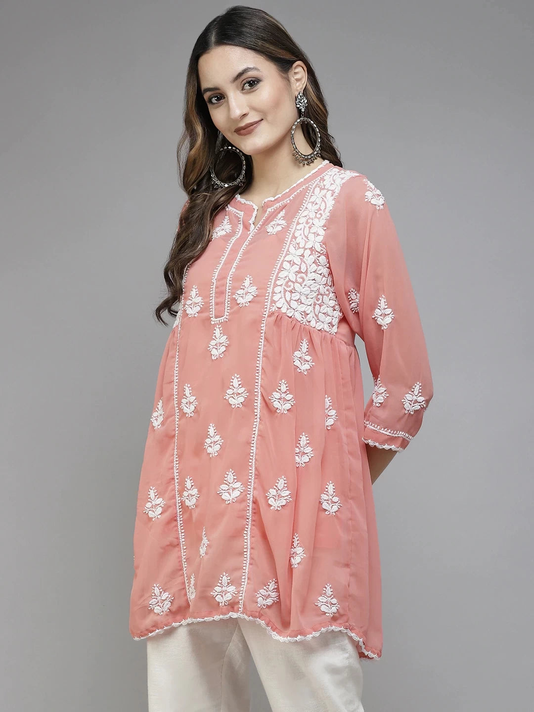 Ada Hand Embroidered Peach Georgette Lucknowi Chikankari Short Kurti With Slip A911259