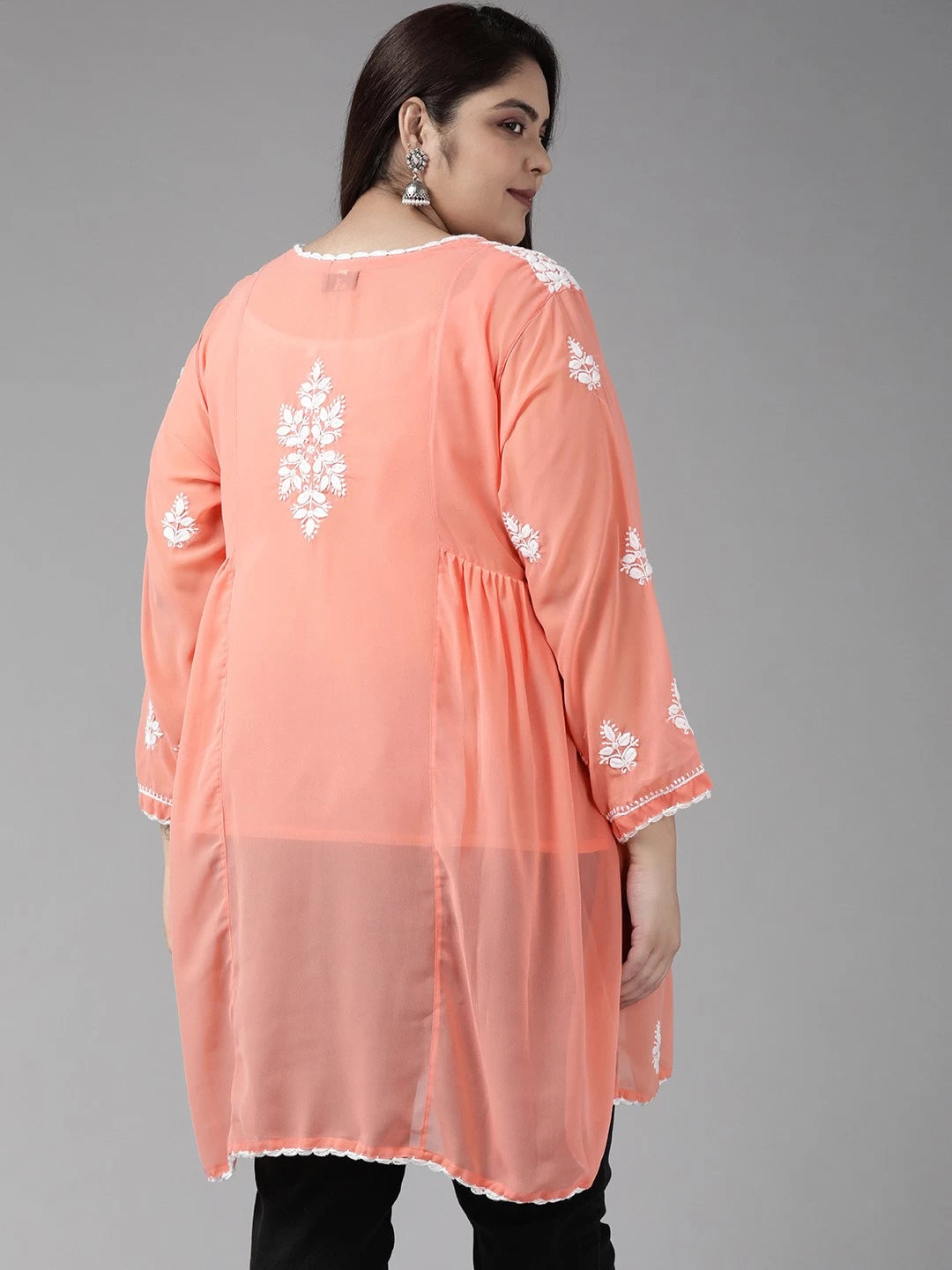 Ada Hand Embroidered Peach Georgette Lucknowi Chikankari Short Kurti With Slip A911259
