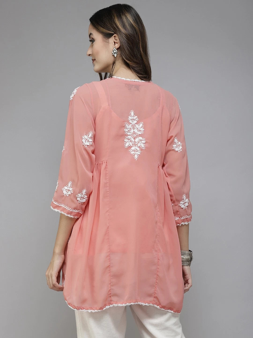 Ada Hand Embroidered Peach Georgette Lucknowi Chikankari Short Kurti With Slip A911259