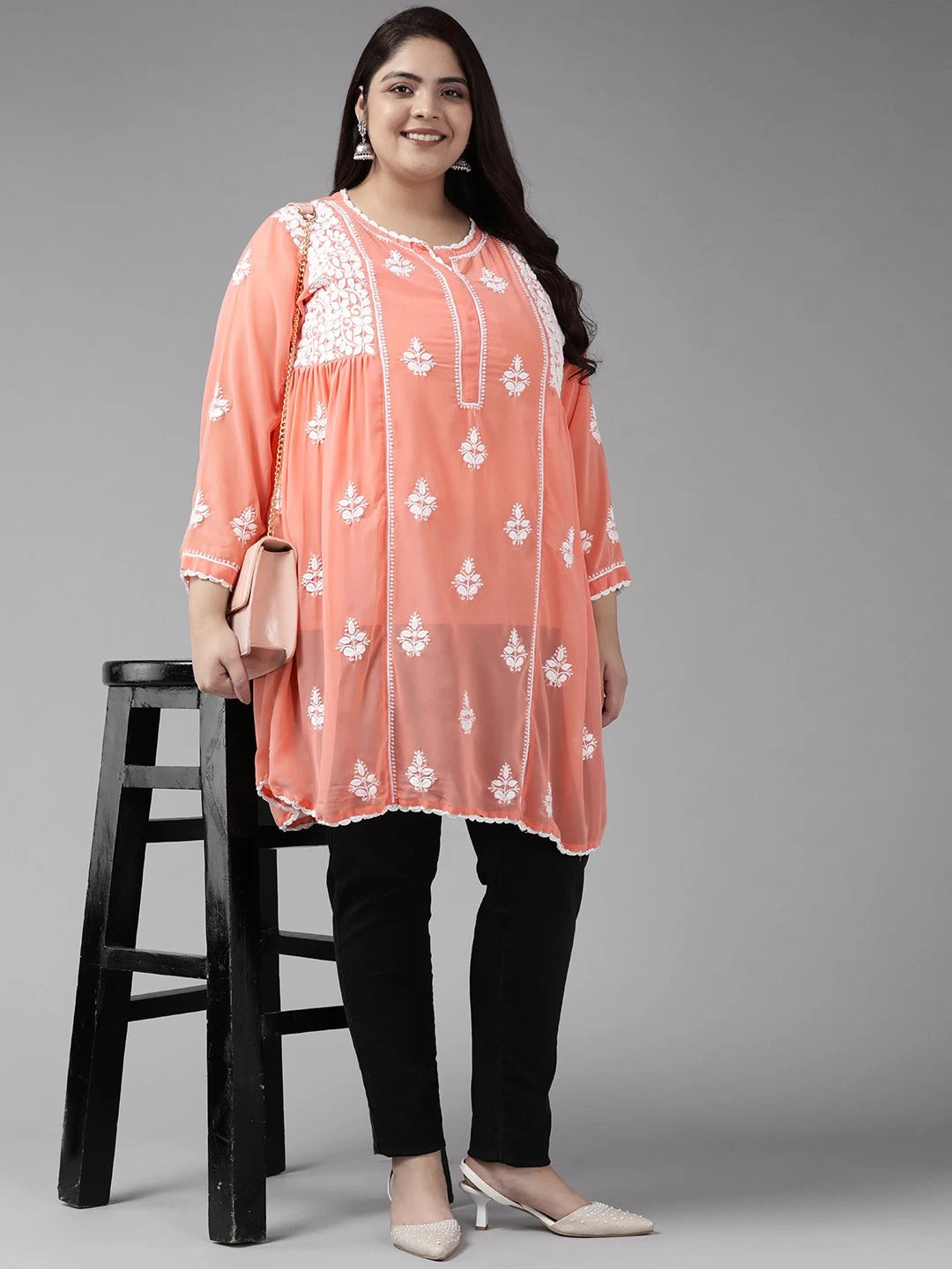 Ada Hand Embroidered Peach Georgette Lucknowi Chikankari Short Kurti With Slip A911259