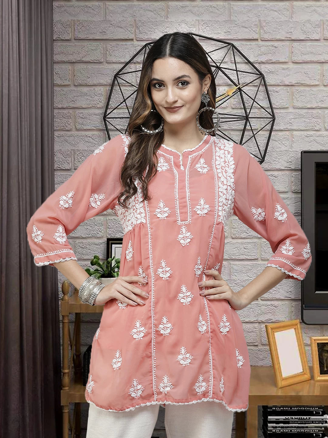 Ada Hand Embroidered Peach Georgette Lucknowi Chikankari Short Kurti With Slip A911259