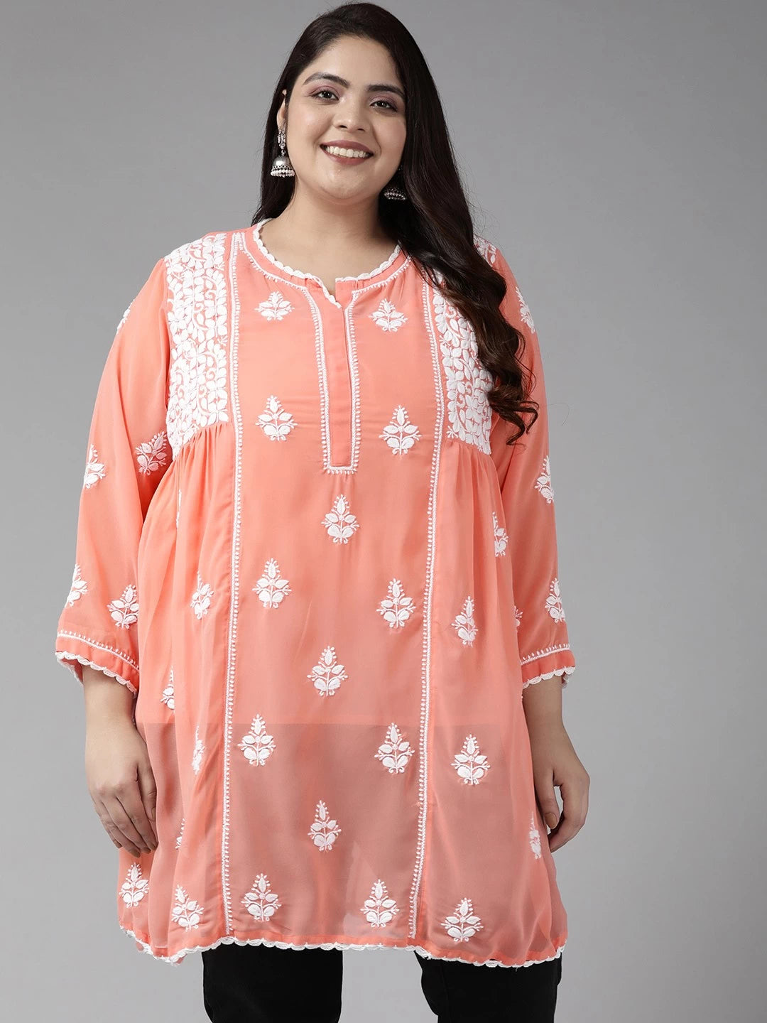 Ada Hand Embroidered Peach Georgette Lucknowi Chikankari Short Kurti With Slip A911259