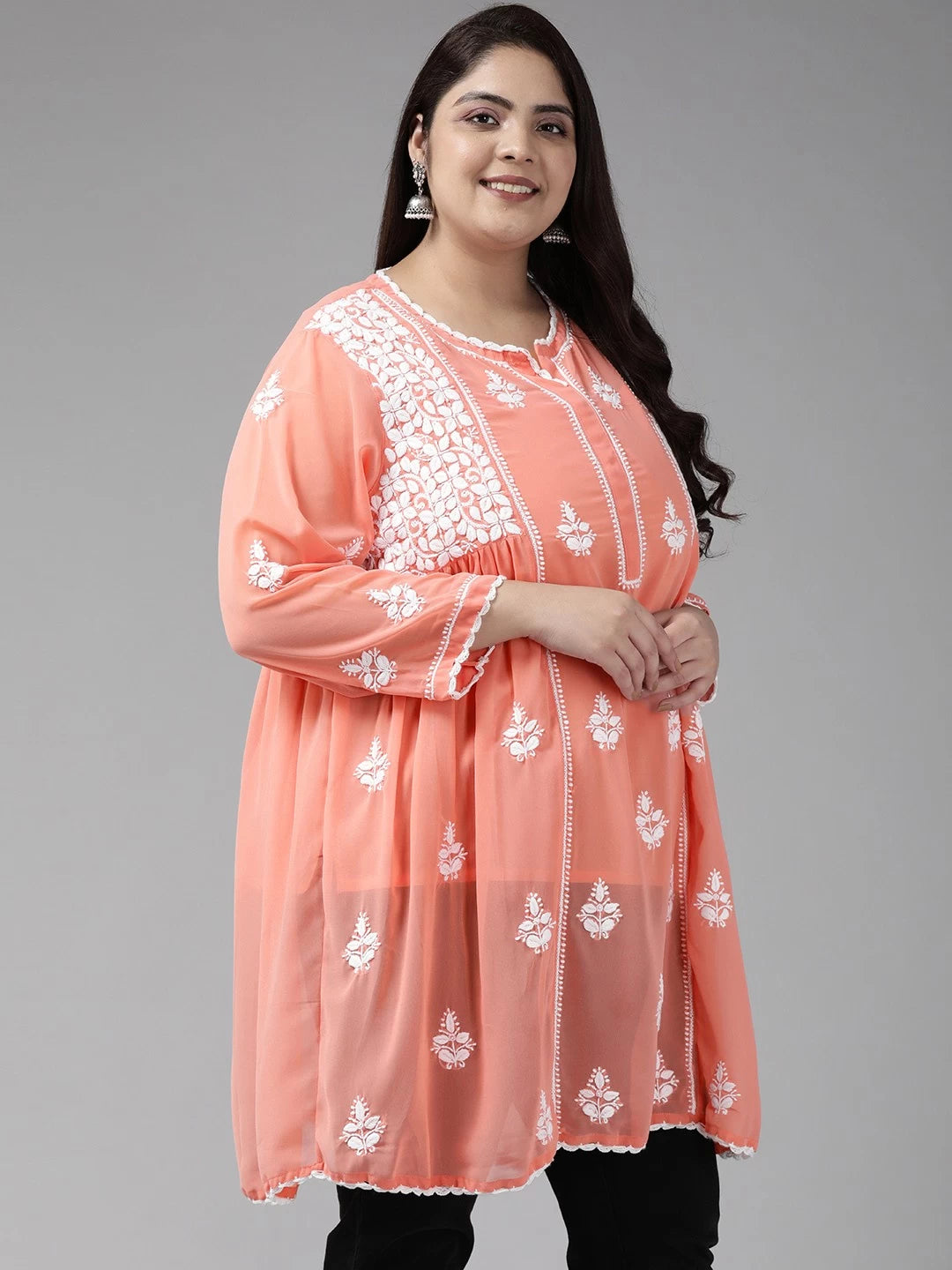 Ada Hand Embroidered Peach Georgette Lucknowi Chikankari Short Kurti With Slip A911259