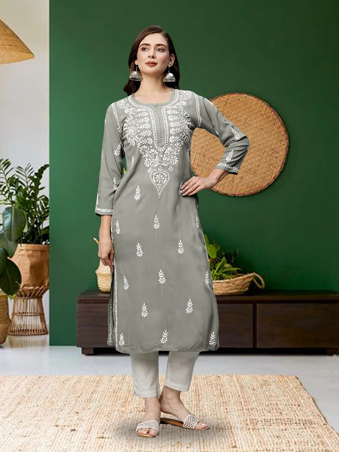 Ada Hand Embroidered Grey Rayon Lucknowi Chikankari Straight Kurta A411492