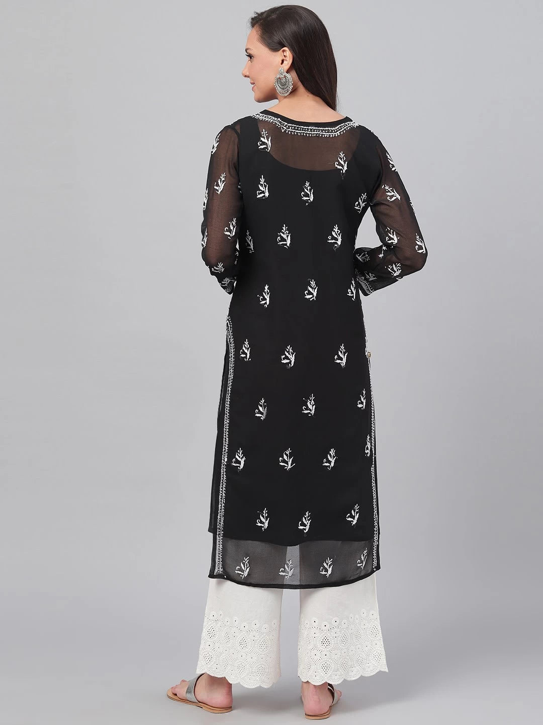 Ada Hand Embroidered Black Georgette Lucknowi Chikankari Straight Kurta with Slip A131880