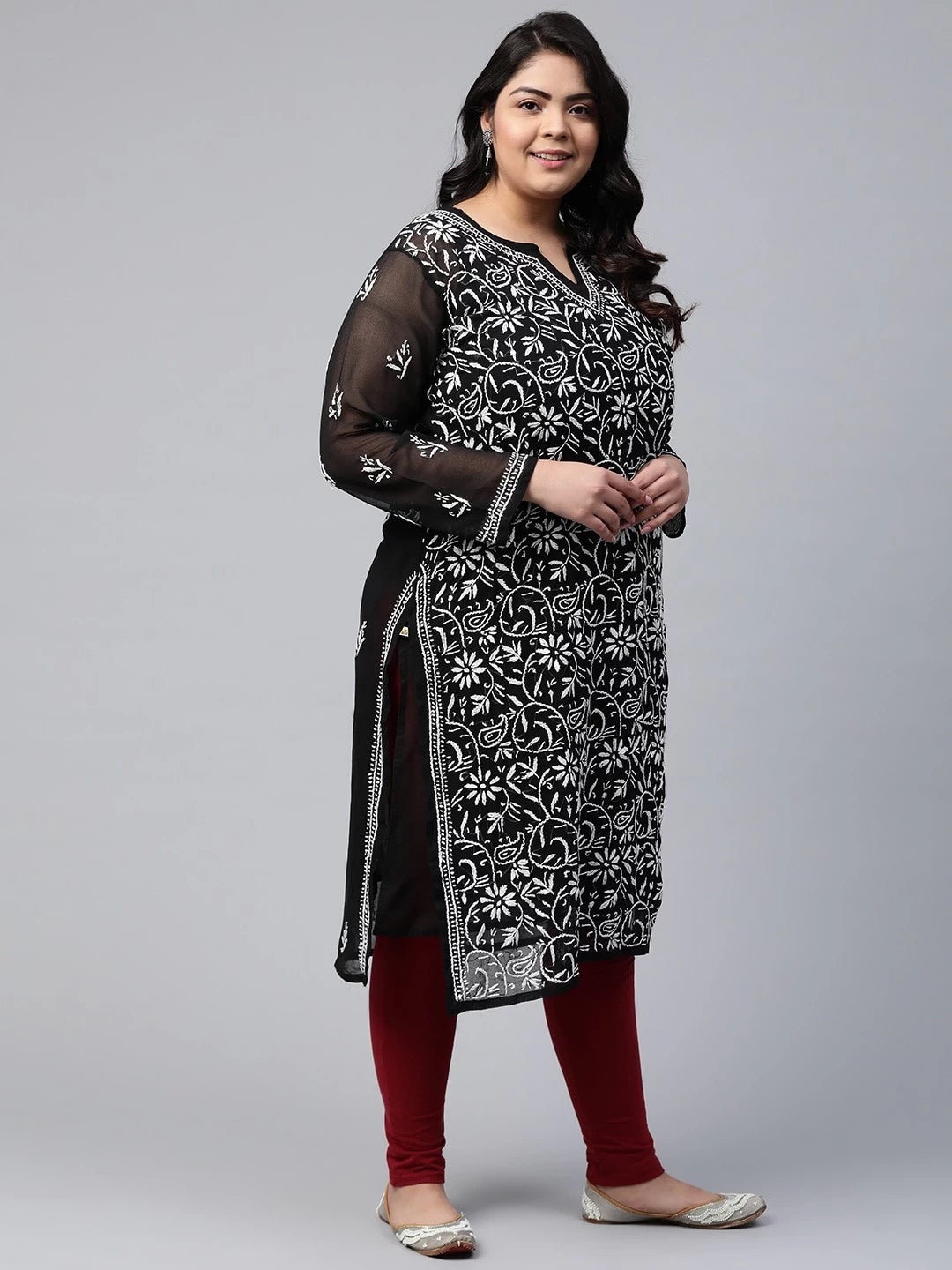 Ada Hand Embroidered Black Georgette Lucknowi Chikankari Straight Kurta with Slip A131880