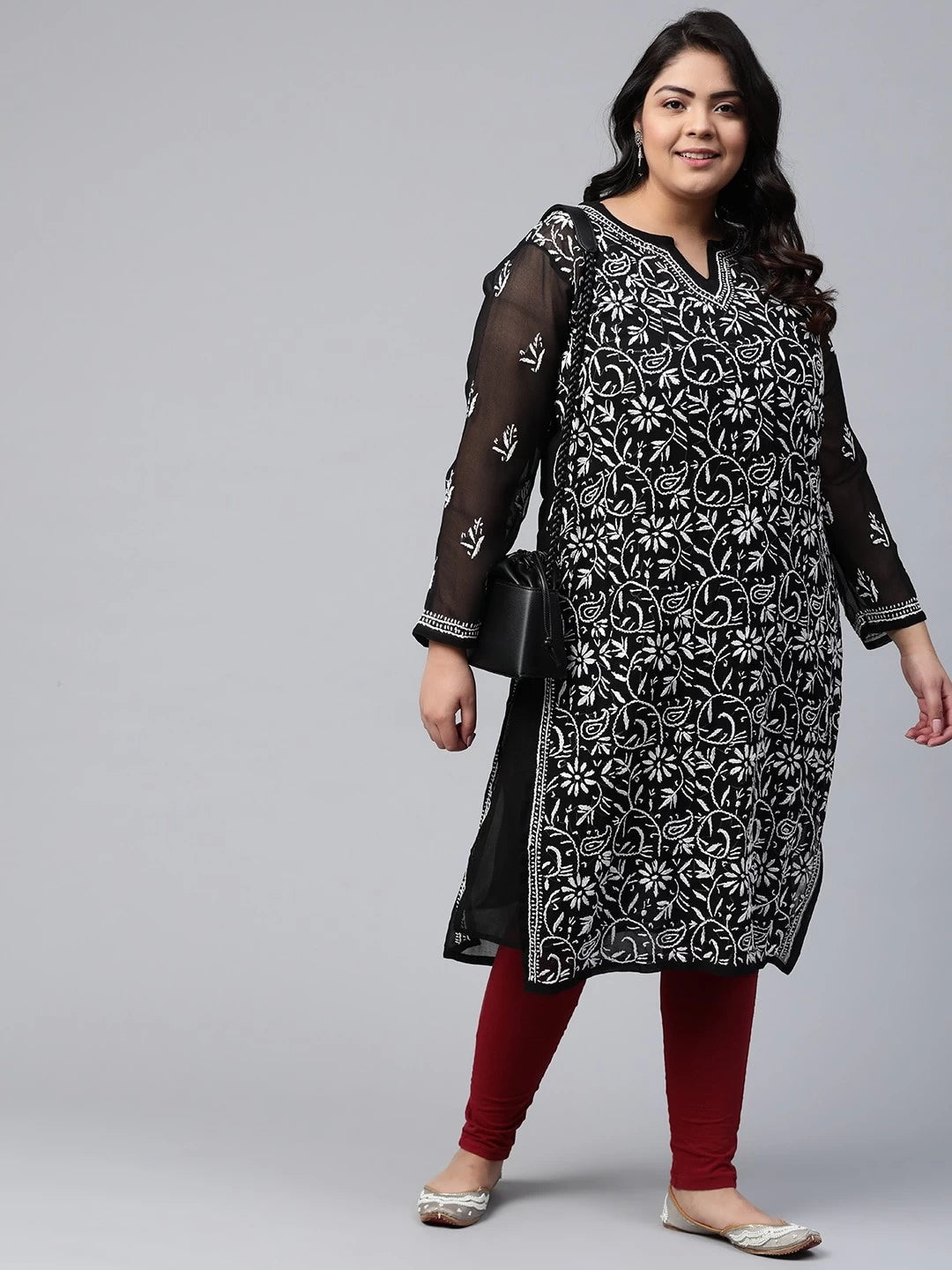 Ada Hand Embroidered Black Georgette Lucknowi Chikankari Straight Kurta with Slip A131880