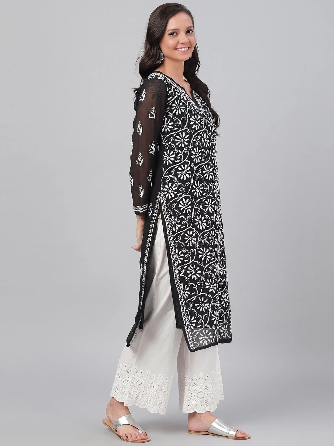 Ada Hand Embroidered Black Georgette Lucknowi Chikankari Straight Kurta with Slip A131880