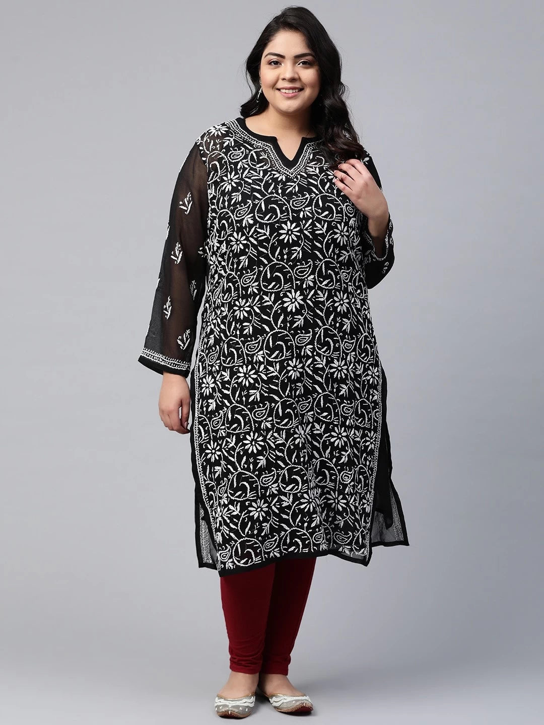 Ada Hand Embroidered Black Georgette Lucknowi Chikankari Straight Kurta with Slip A131880