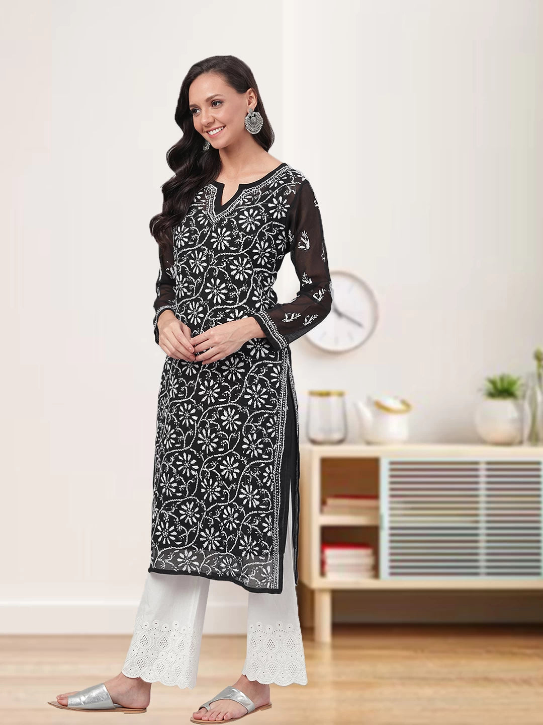 Ada Hand Embroidered Black Georgette Lucknowi Chikankari Straight Kurta with Slip A131880