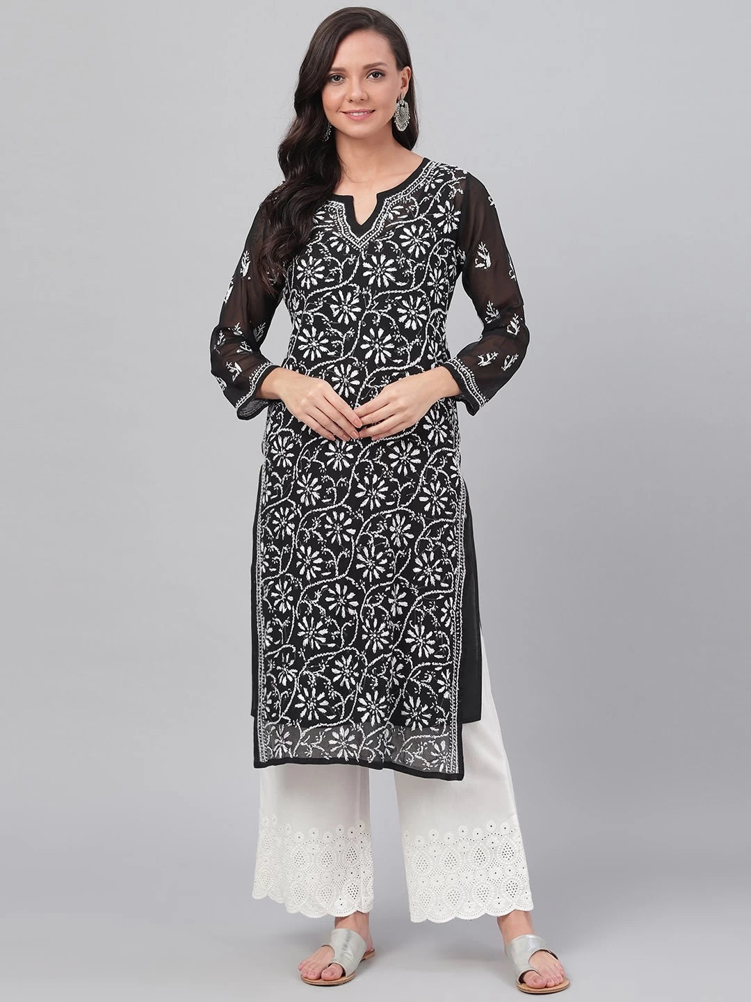 Ada Hand Embroidered Black Georgette Lucknowi Chikankari Straight Kurta with Slip A131880