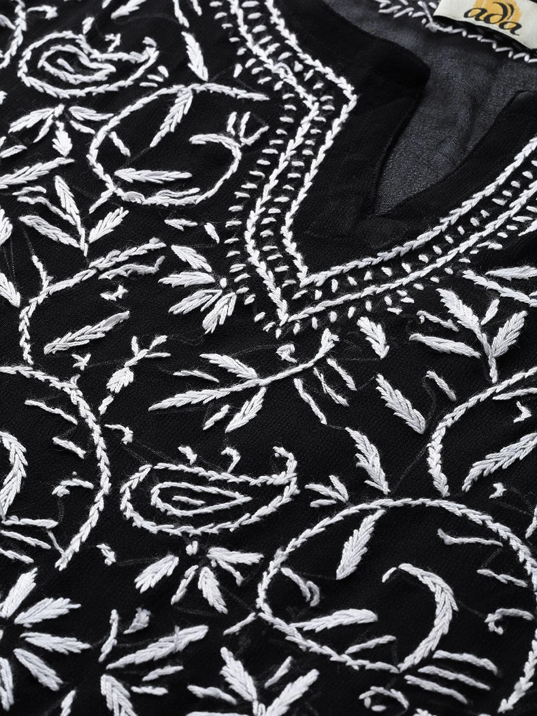 Ada Hand Embroidered Black Georgette Lucknowi Chikankari Straight Kurta with Slip A131880