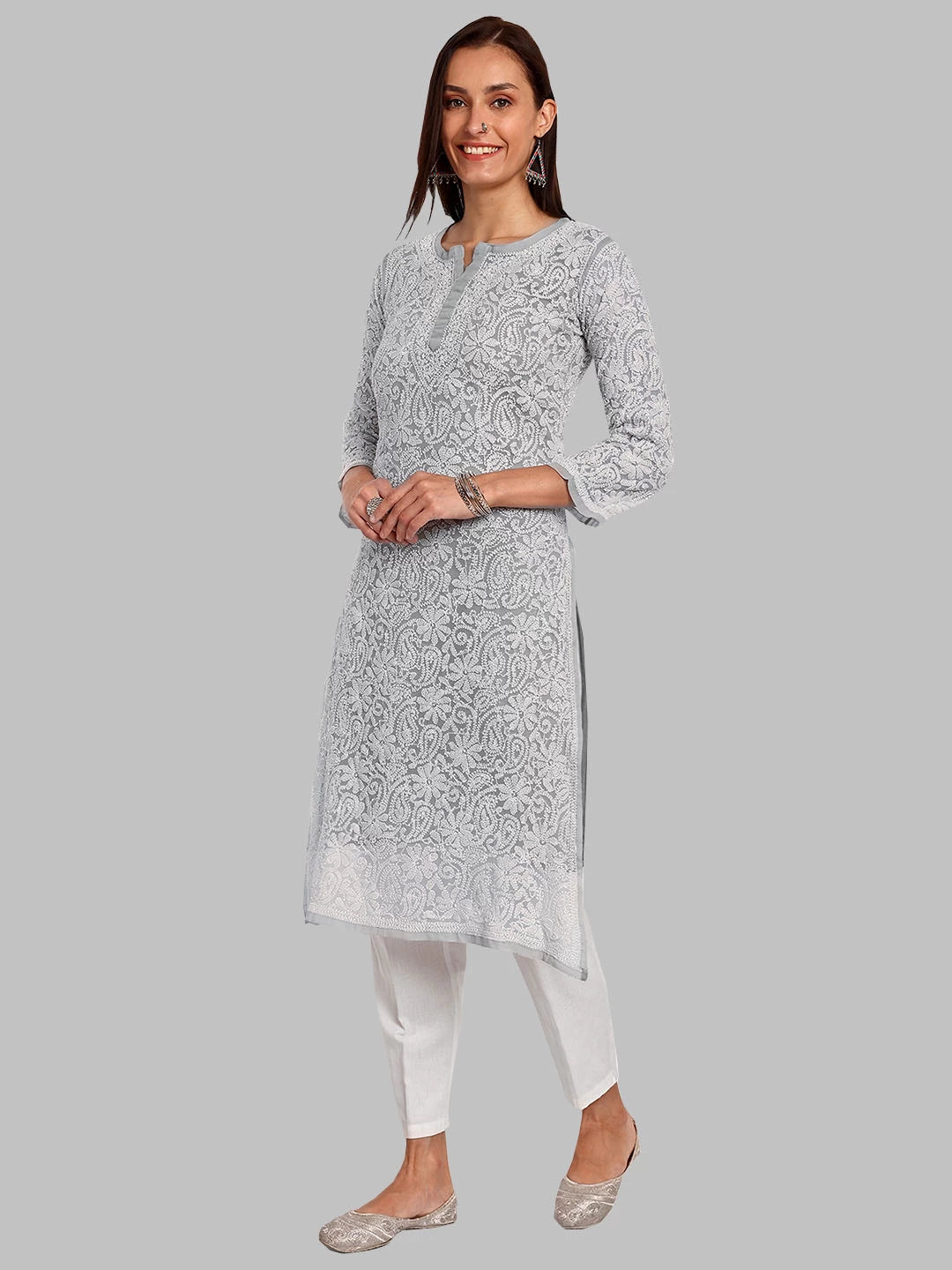 Ada Hand Embroidered Grey Georgette Lucknowi Chikankari Straight Kurta A105268