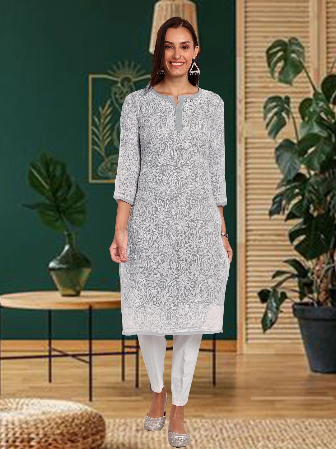 Ada Hand Embroidered Grey Georgette Lucknowi Chikankari Straight Kurta A105268