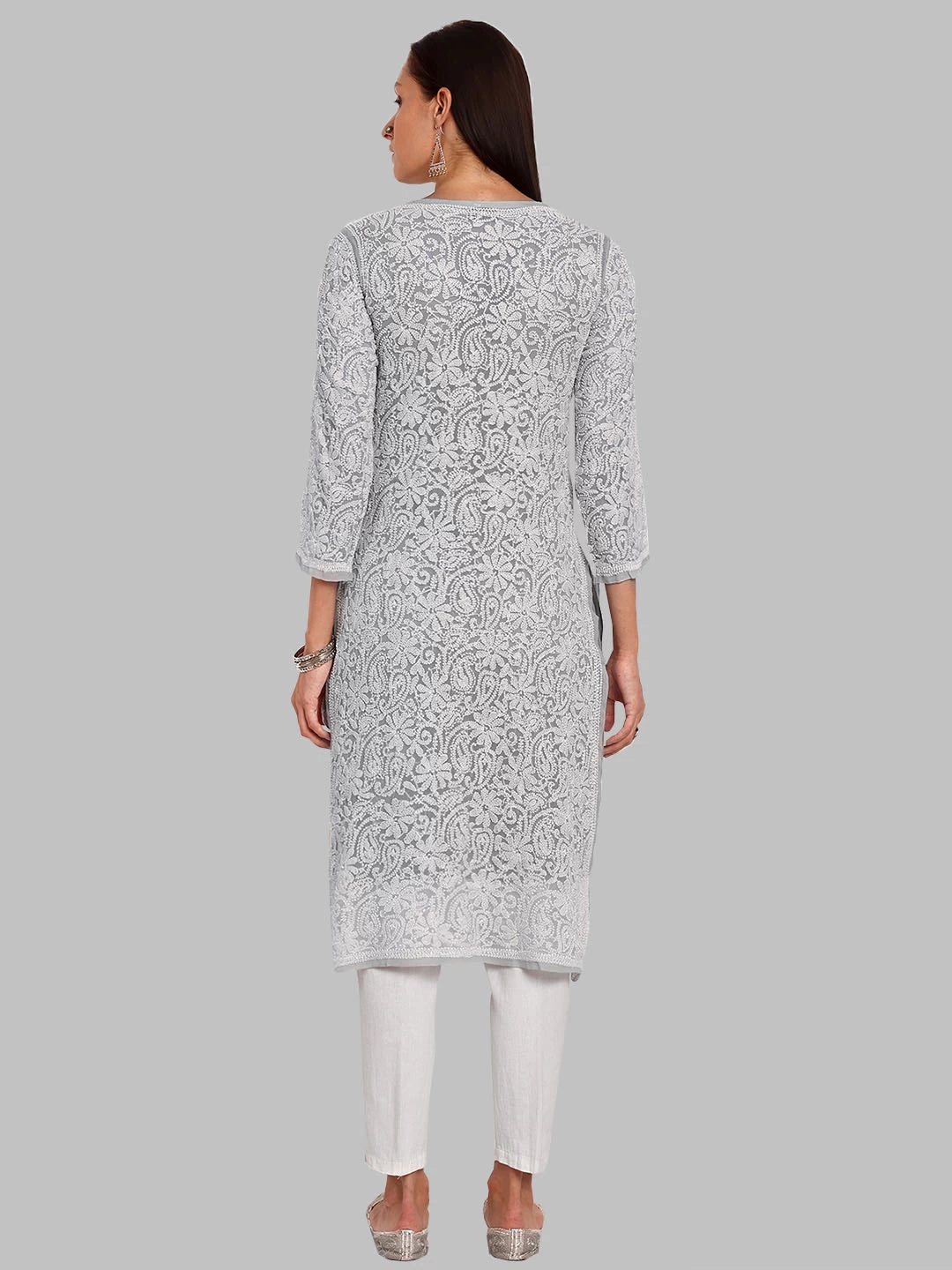 Ada Hand Embroidered Grey Georgette Lucknowi Chikankari Straight Kurta A105268
