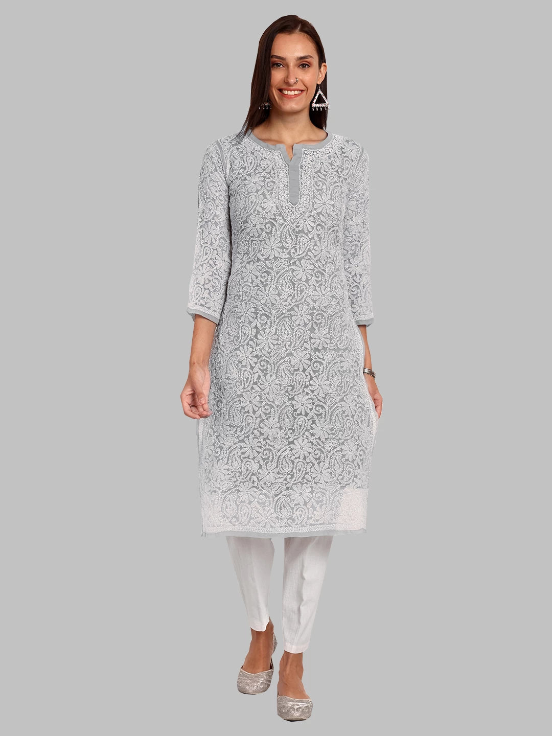 Ada Hand Embroidered Grey Georgette Lucknowi Chikankari Straight Kurta A105268
