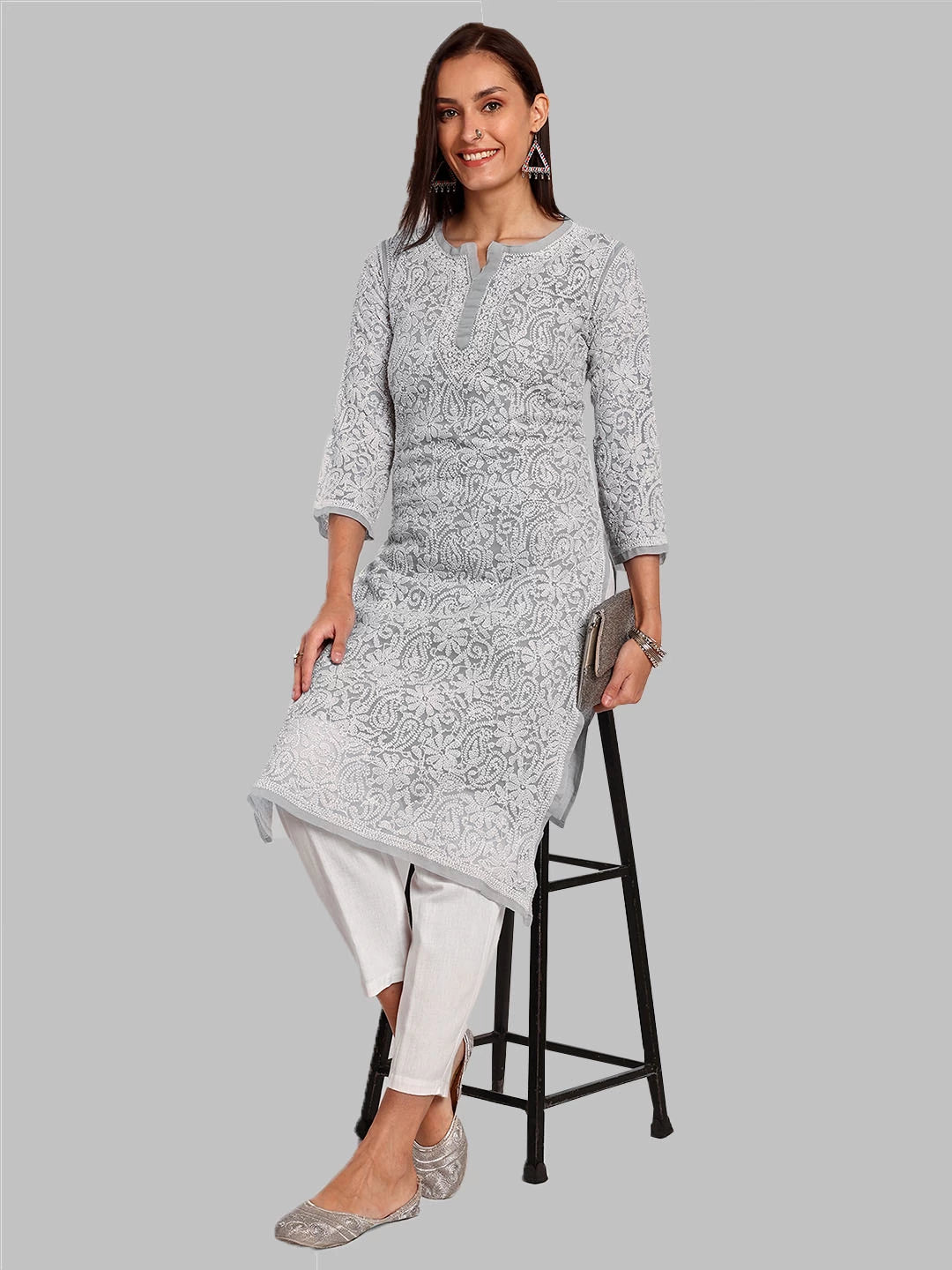 Ada Hand Embroidered Grey Georgette Lucknowi Chikankari Straight Kurta A105268