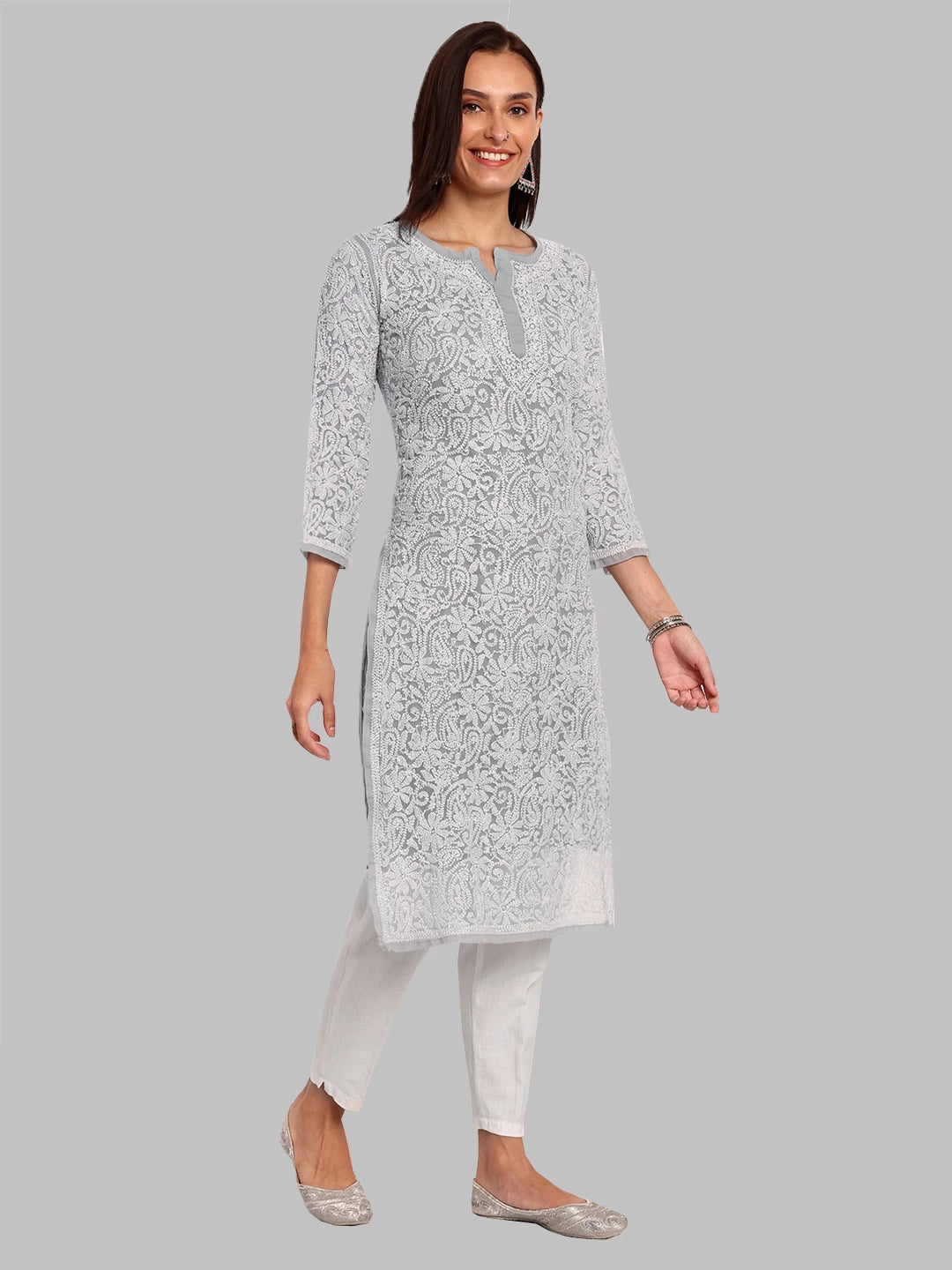 Ada Hand Embroidered Grey Georgette Lucknowi Chikankari Straight Kurta A105268