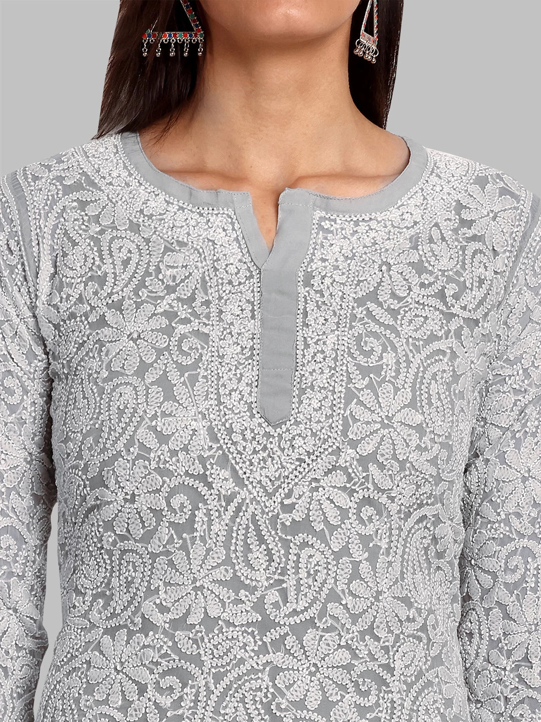 Ada Hand Embroidered Grey Georgette Lucknowi Chikankari Straight Kurta A105268