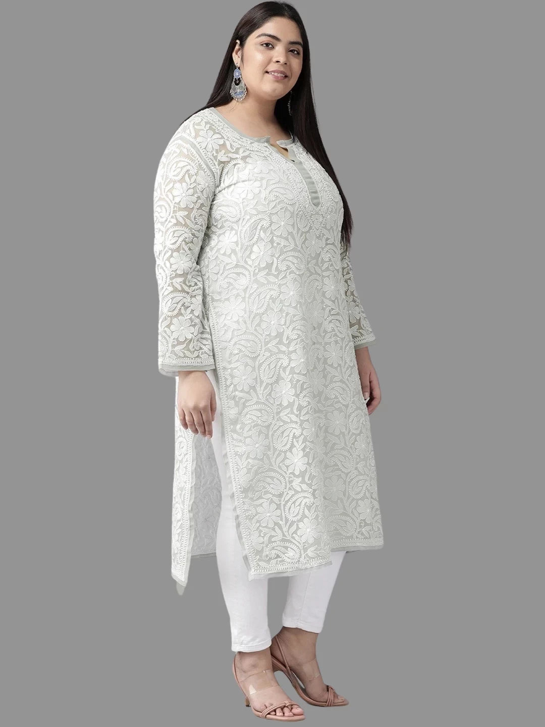 Ada Hand Embroidered Grey Georgette Lucknowi Chikankari Straight Kurta A105268