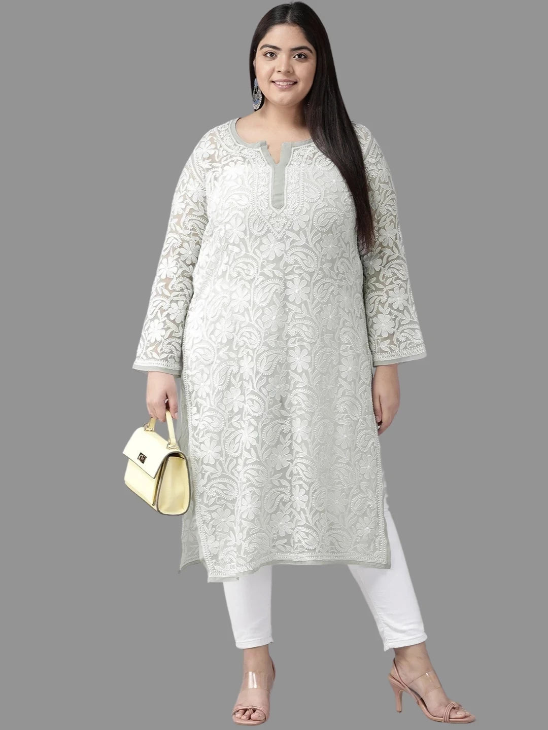 Ada Hand Embroidered Grey Georgette Lucknowi Chikankari Straight Kurta A105268
