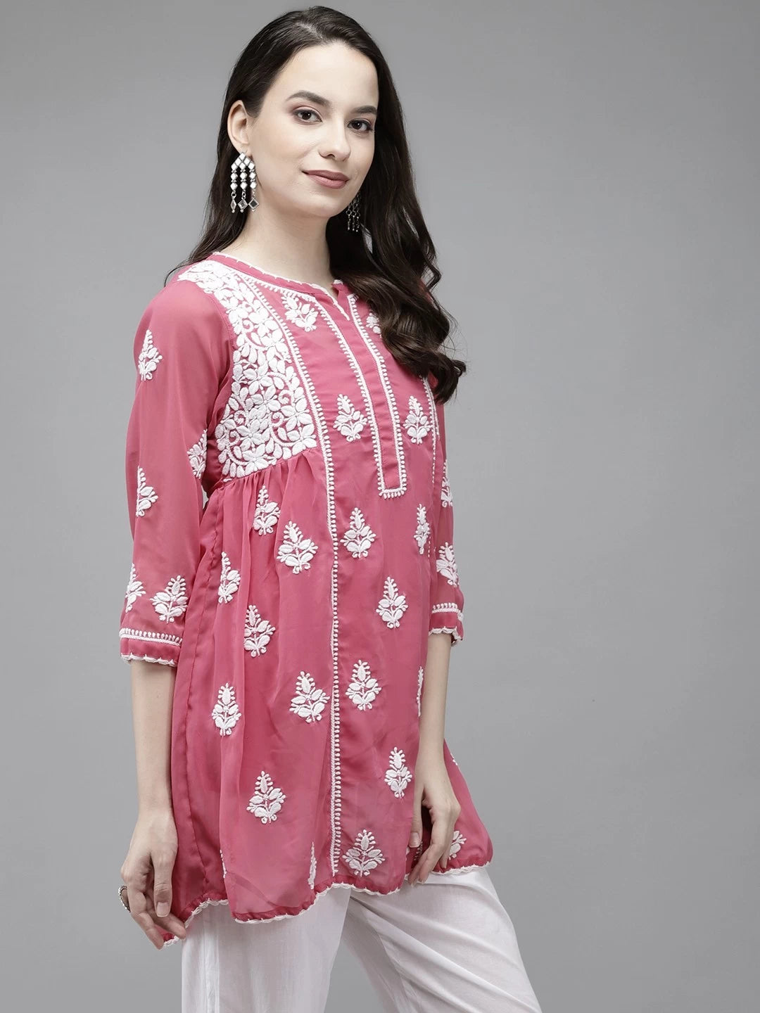 Ada Hand Embroidered Onion Pink Georgette Lucknowi Chikankari Flared Kurti With Slip A911147
