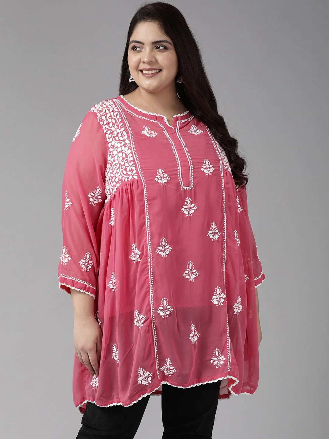 Ada Hand Embroidered Onion Pink Georgette Lucknowi Chikankari Flared Kurti With Slip A911147