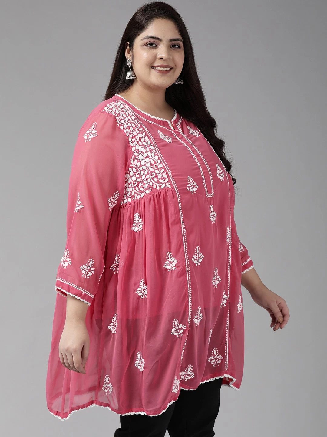 Ada Hand Embroidered Onion Pink Georgette Lucknowi Chikankari Flared Kurti With Slip A911147