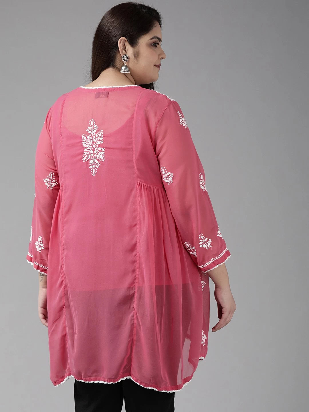 Ada Hand Embroidered Onion Pink Georgette Lucknowi Chikankari Flared Kurti With Slip A911147