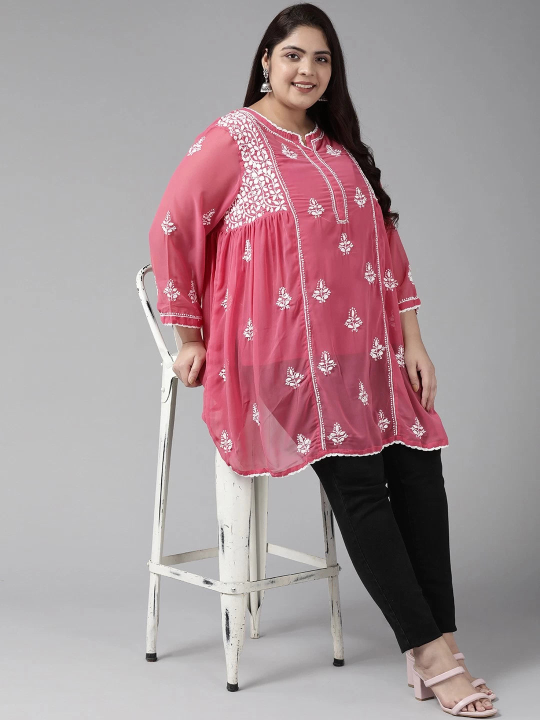 Ada Hand Embroidered Onion Pink Georgette Lucknowi Chikankari Flared Kurti With Slip A911147
