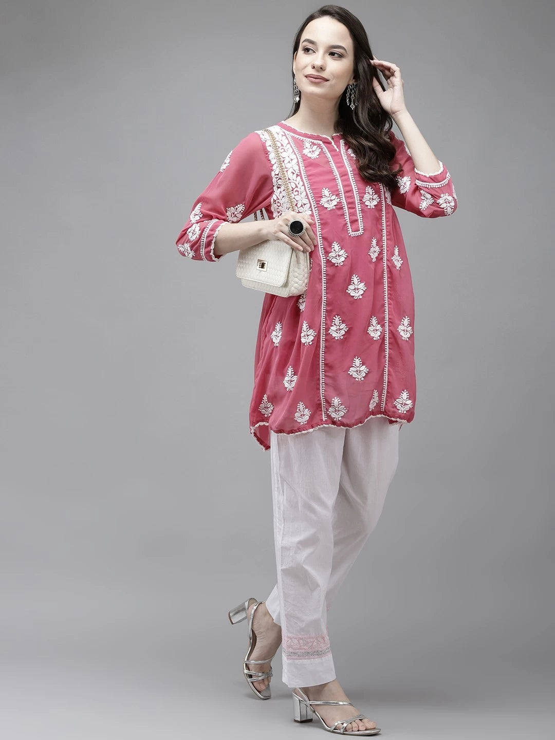 Ada Hand Embroidered Onion Pink Georgette Lucknowi Chikankari Flared Kurti With Slip A911147
