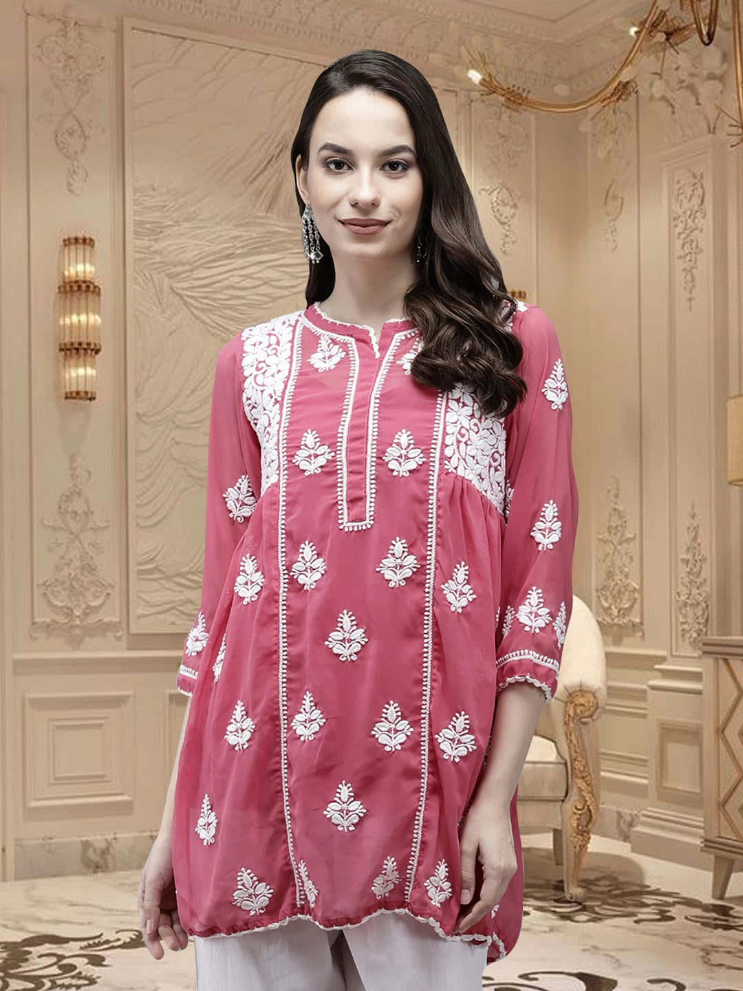 Ada Hand Embroidered Onion Pink Georgette Lucknowi Chikankari Flared Kurti With Slip A911147