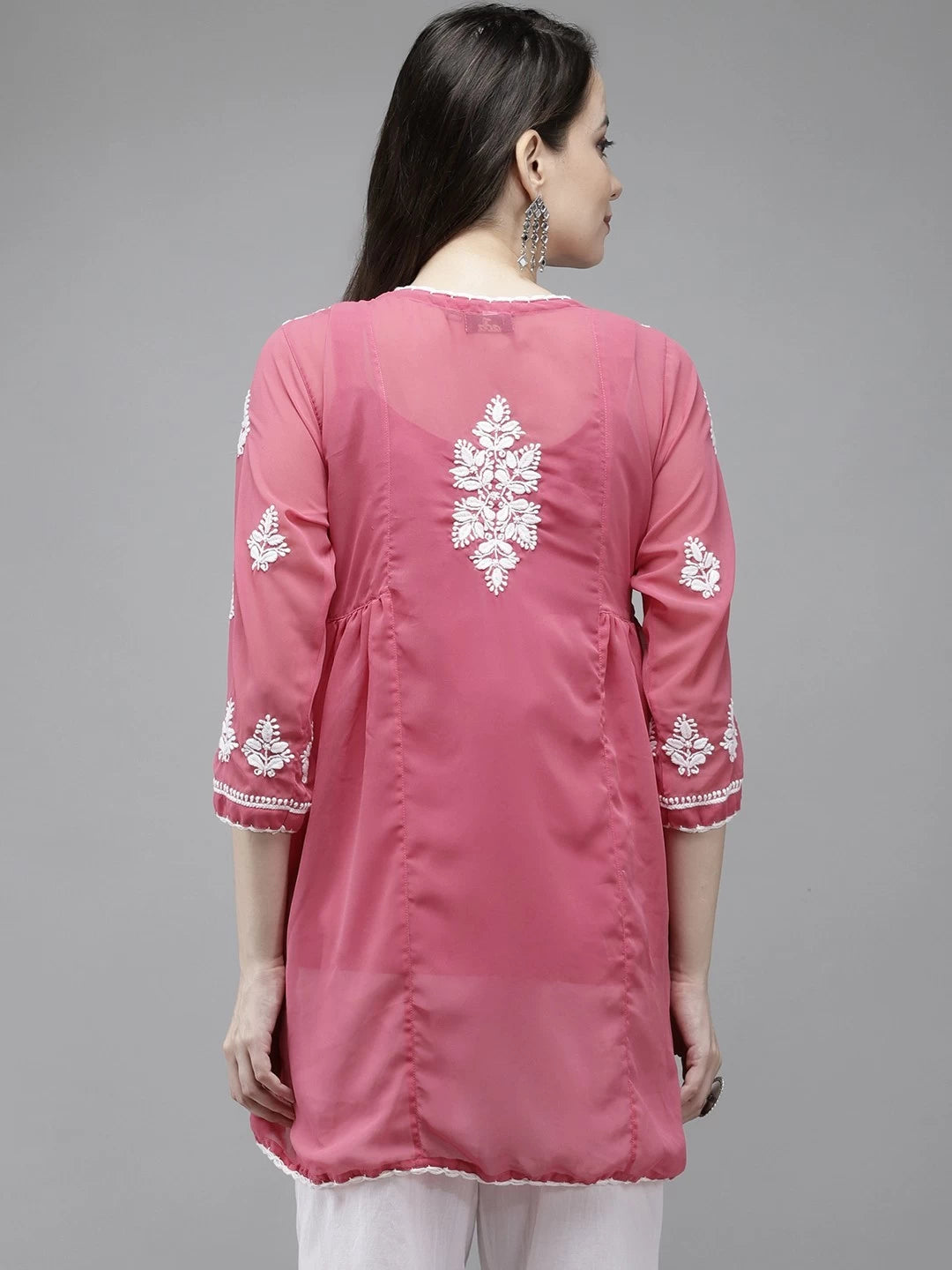 Ada Hand Embroidered Onion Pink Georgette Lucknowi Chikankari Flared Kurti With Slip A911147