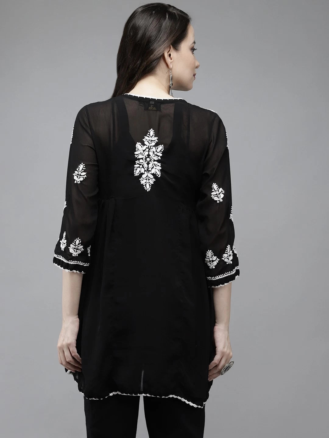 Ada Hand Embroidered Black Georgette Lucknowi Chikankari Flared Kurti With Slip A911151