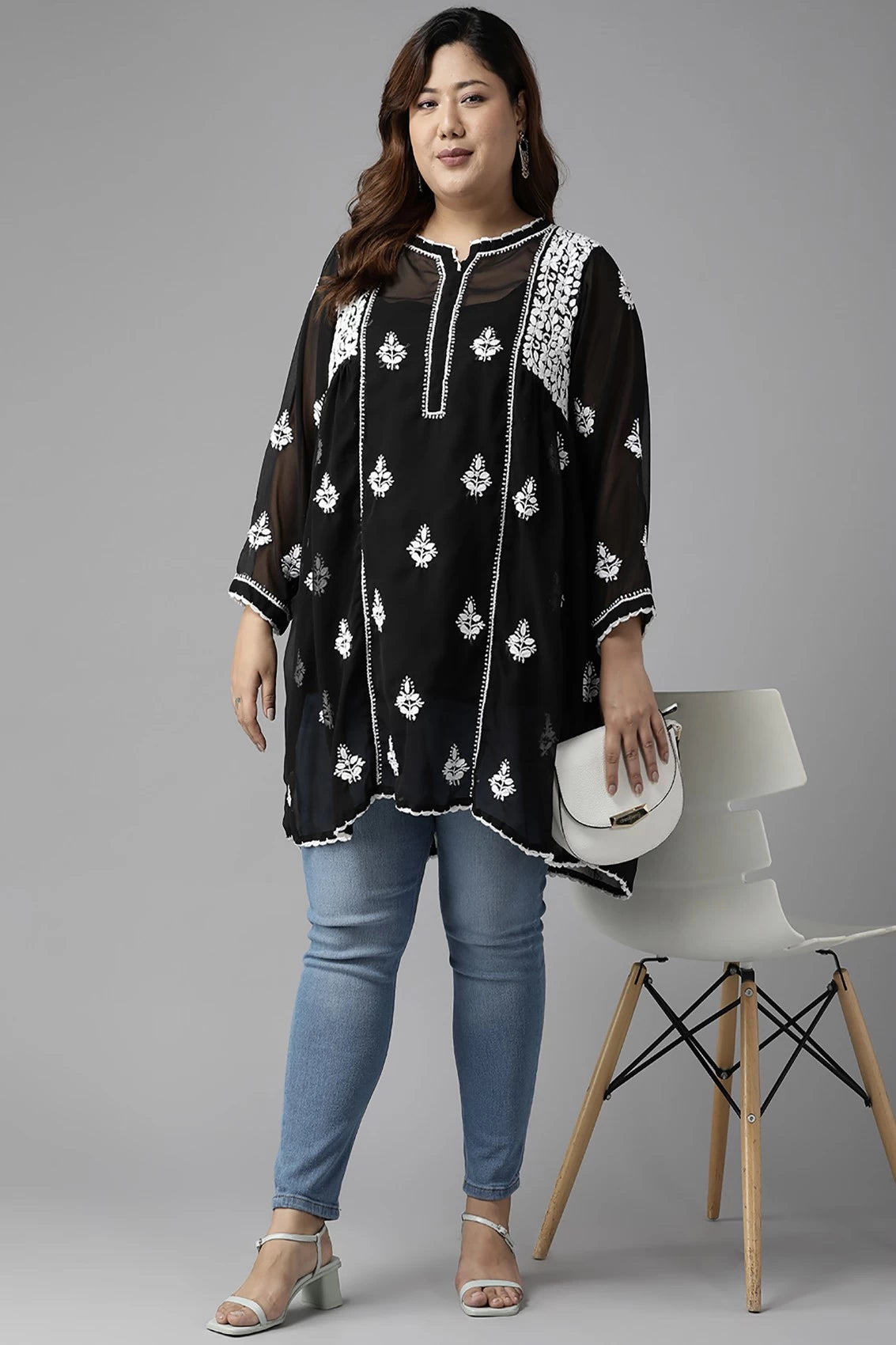 Ada Hand Embroidered Black Georgette Lucknowi Chikankari Flared Kurti With Slip A911151