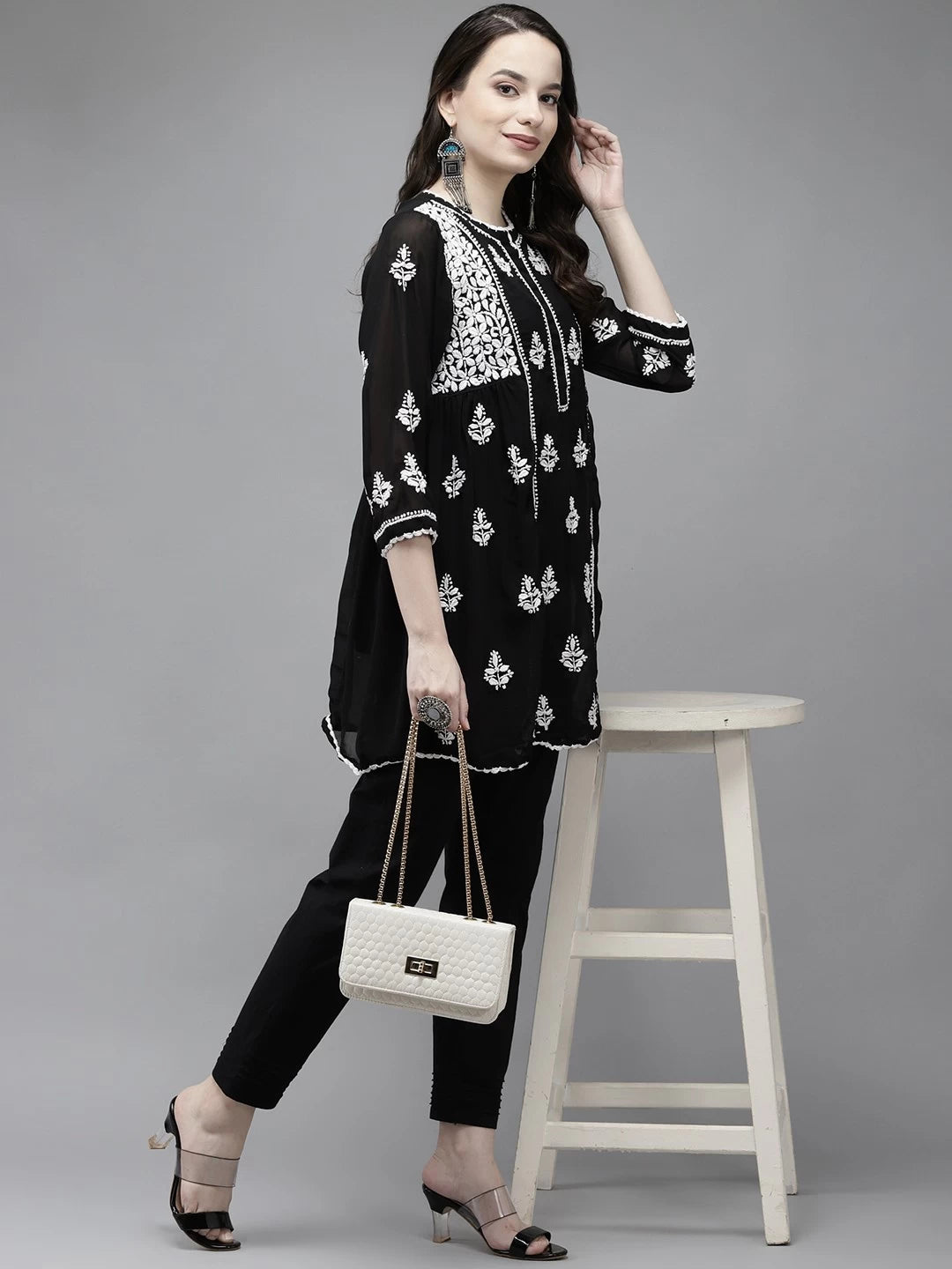 Ada Hand Embroidered Black Georgette Lucknowi Chikankari Flared Kurti With Slip A911151