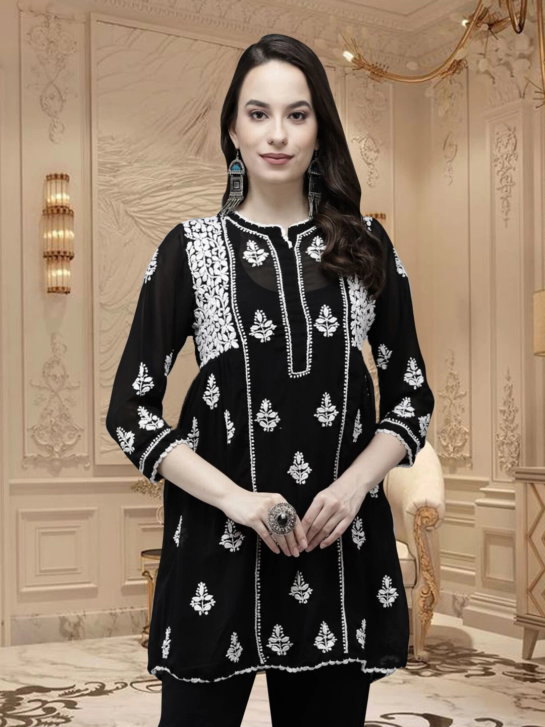 Ada Hand Embroidered Black Georgette Lucknowi Chikankari Flared Kurti With Slip A911151