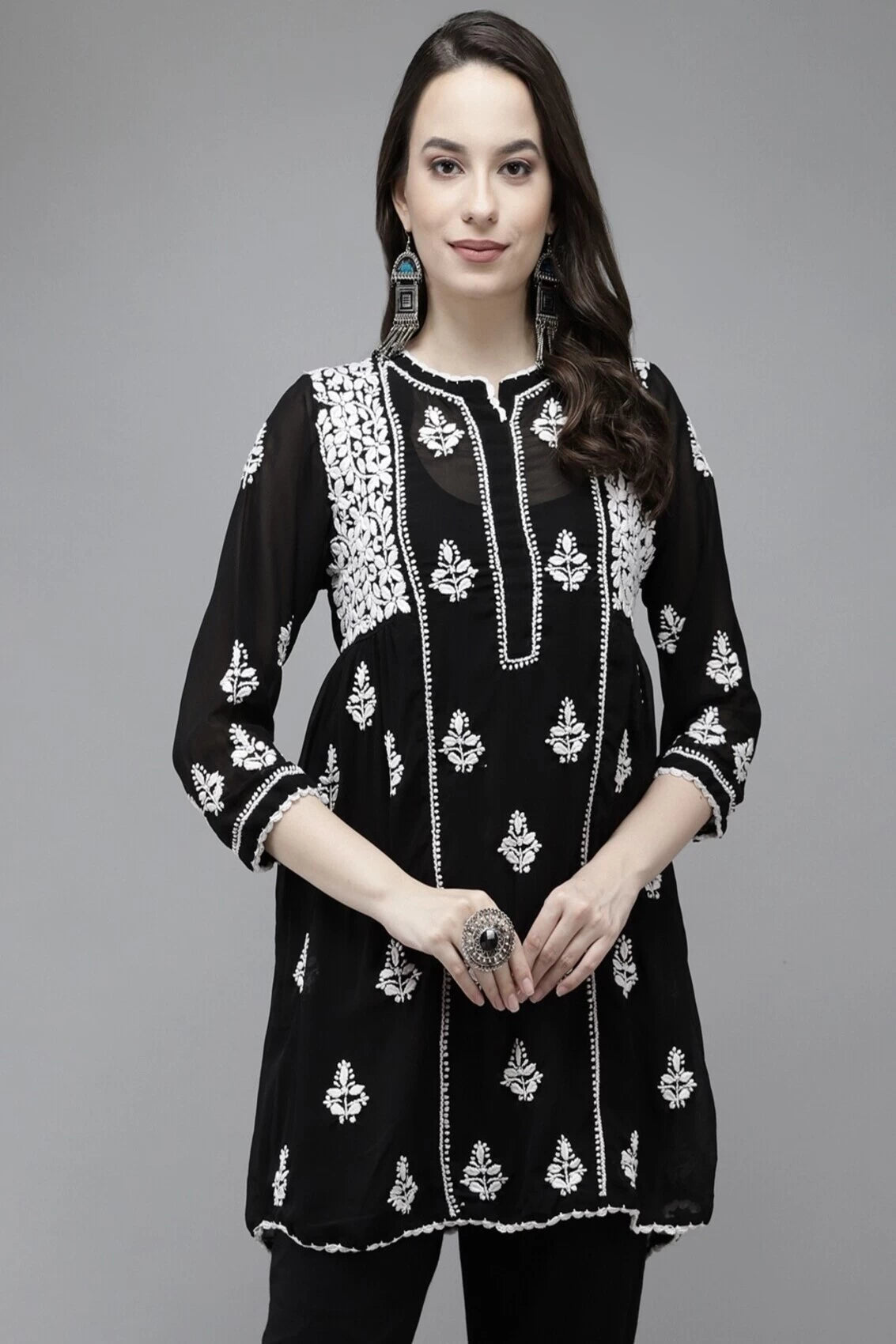 Ada Hand Embroidered Black Georgette Lucknowi Chikankari Flared Kurti With Slip A911151