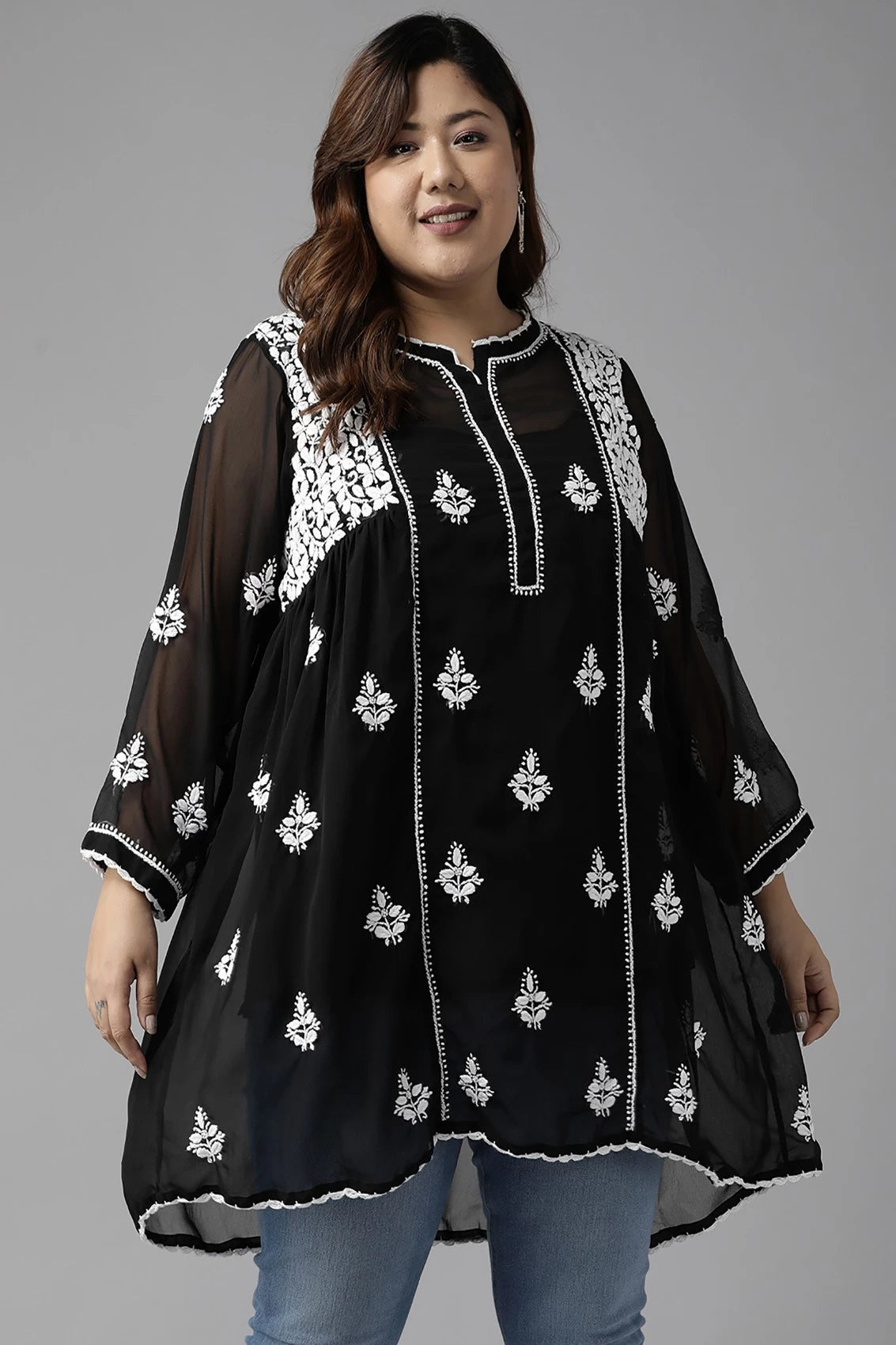 Ada Hand Embroidered Black Georgette Lucknowi Chikankari Flared Kurti With Slip A911151