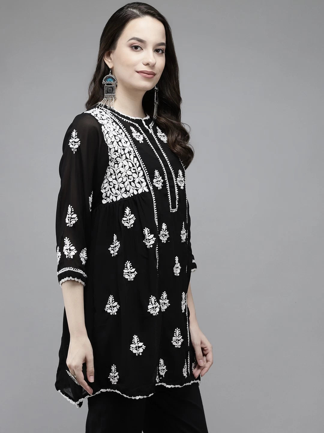 Ada Hand Embroidered Black Georgette Lucknowi Chikankari Flared Kurti With Slip A911151