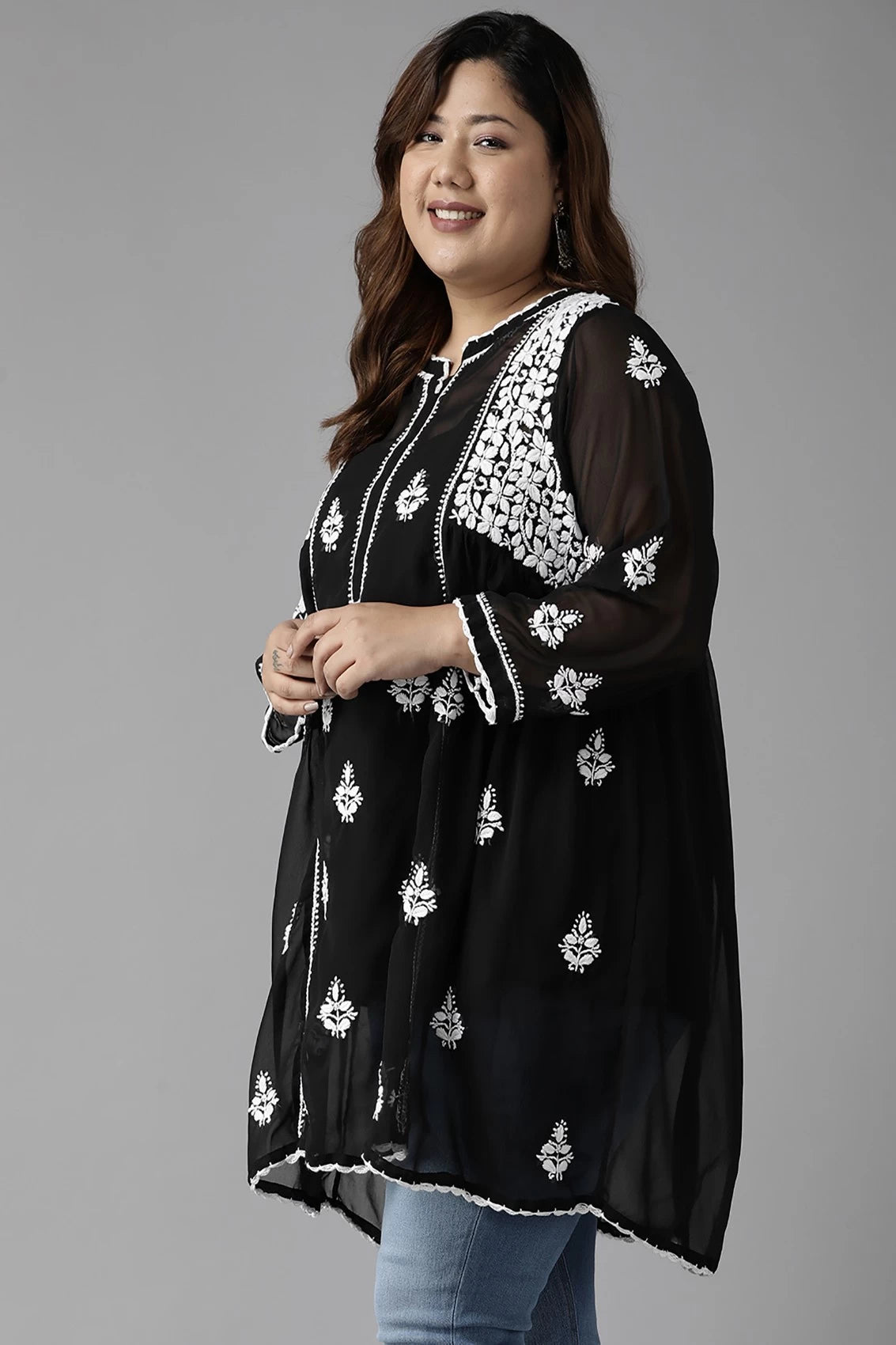 Ada Hand Embroidered Black Georgette Lucknowi Chikankari Flared Kurti With Slip A911151