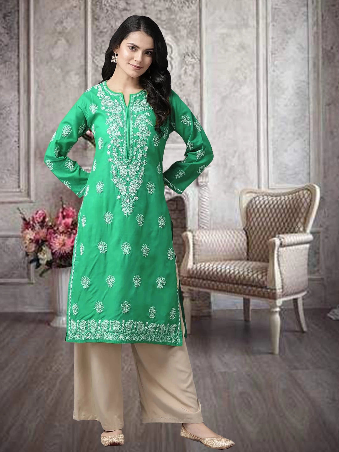 Ada Hand Embroidered Bottle Green Cotton Lucknowi Chikankari Straight Kurta A411476