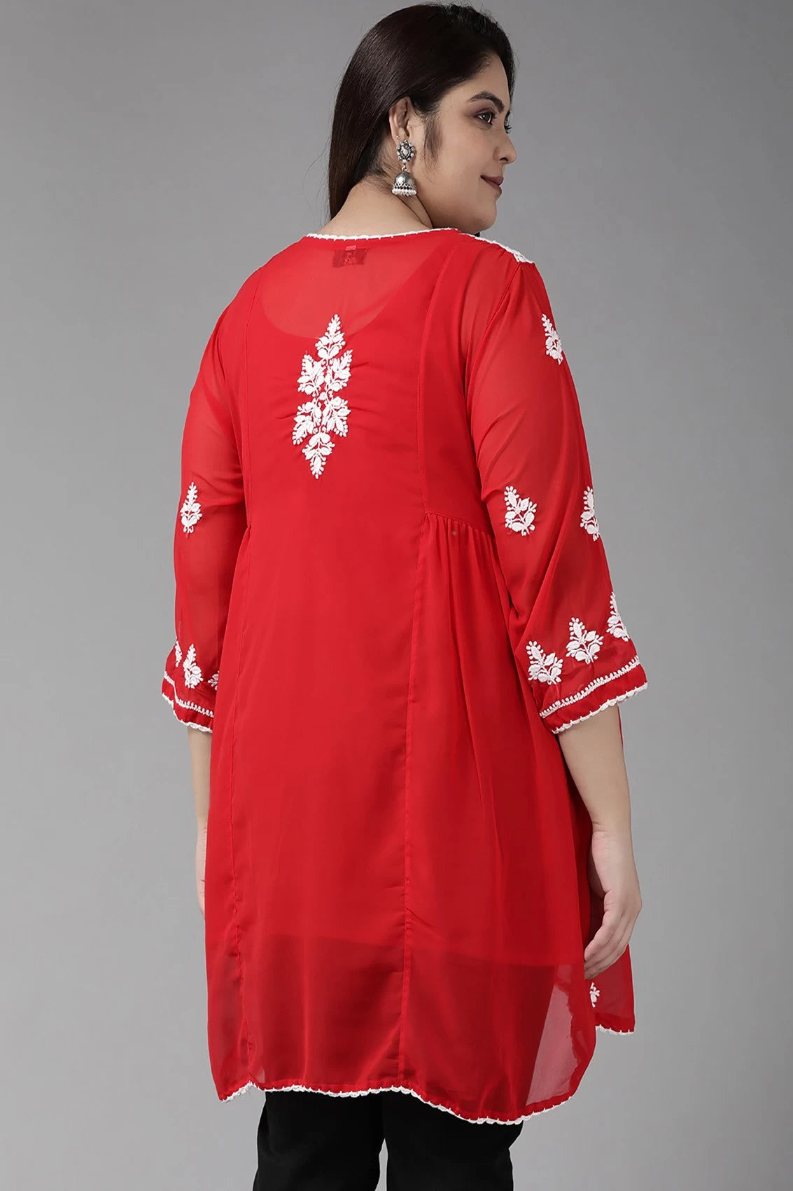Ada Hand Embroidered Red Georgette Lucknowi Chikankari Flared Kurti With Slip A911148