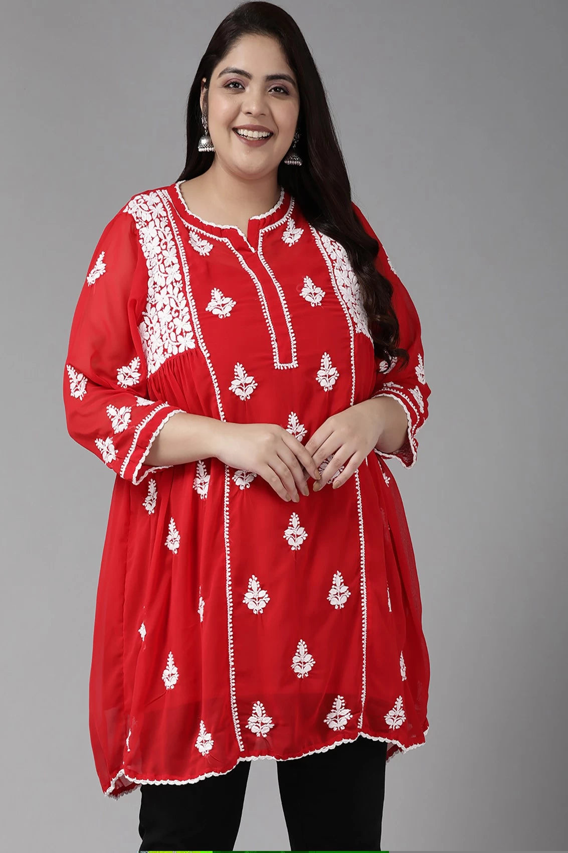 Ada Hand Embroidered Red Georgette Lucknowi Chikankari Flared Kurti With Slip A911148