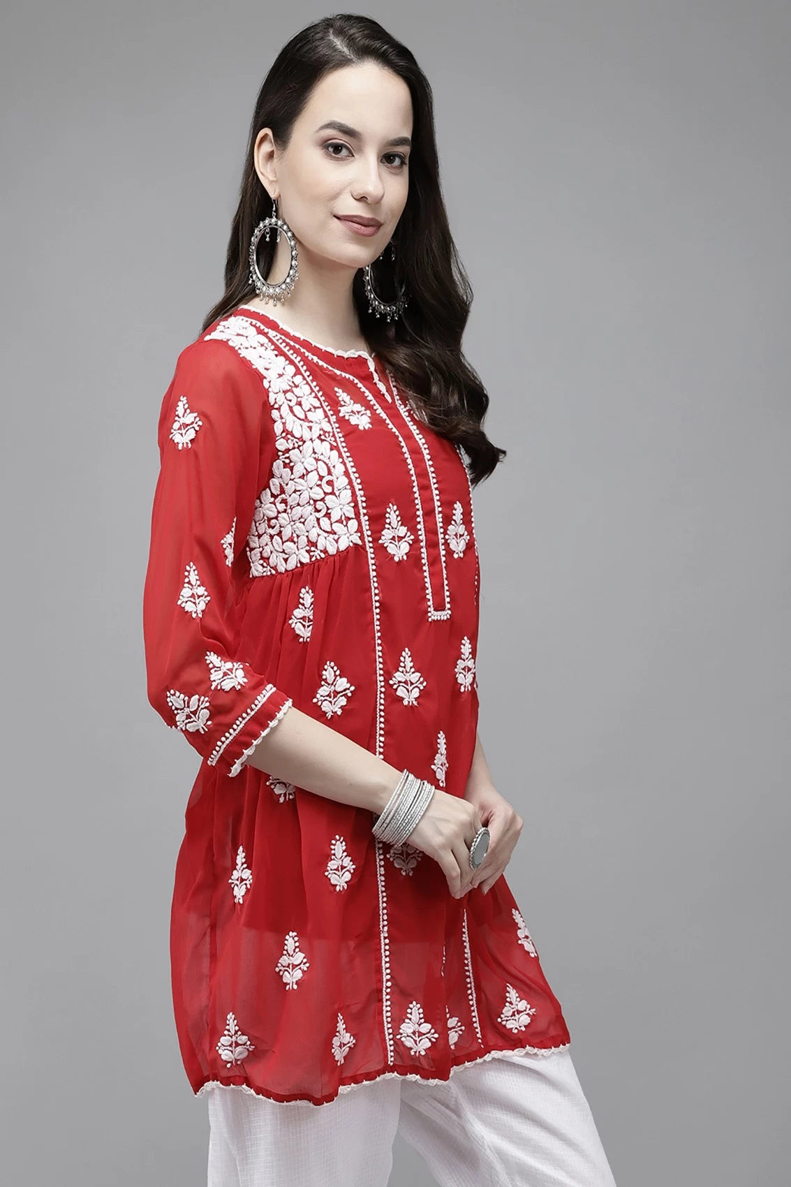Ada Hand Embroidered Red Georgette Lucknowi Chikankari Flared Kurti With Slip A911148