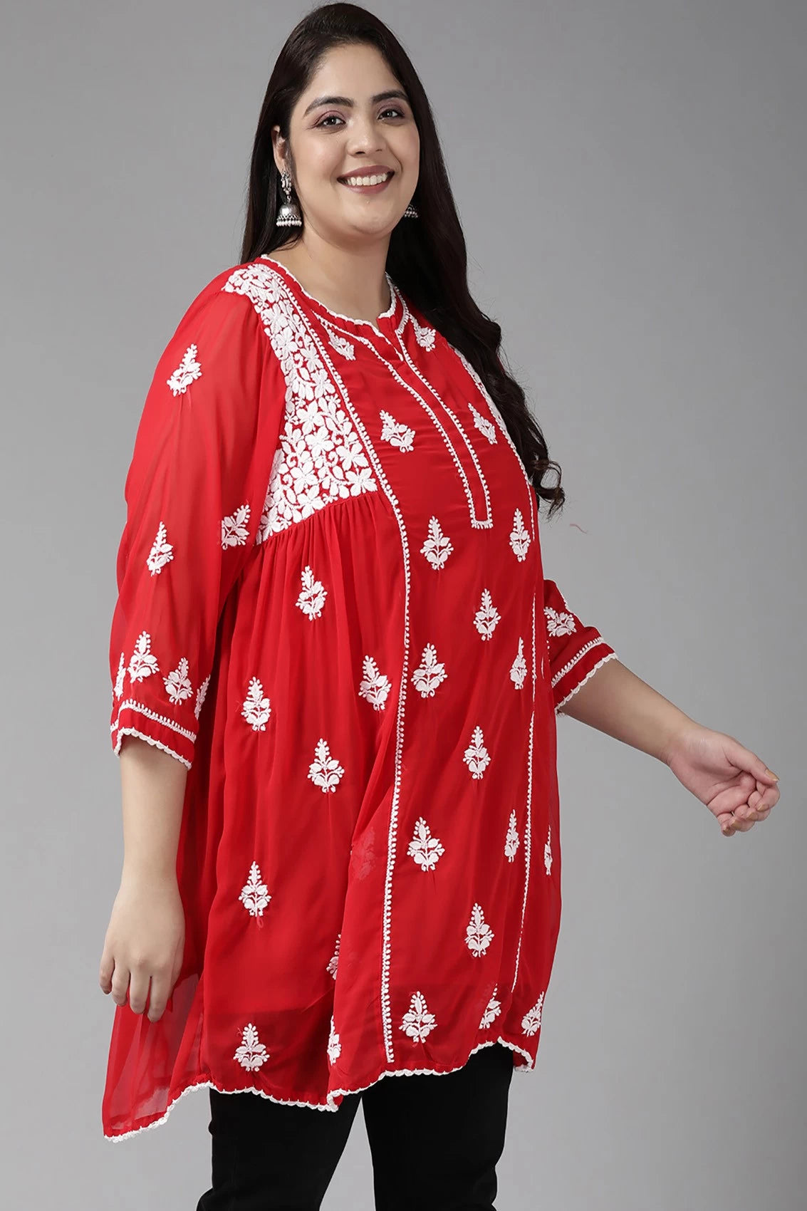 Ada Hand Embroidered Red Georgette Lucknowi Chikankari Flared Kurti With Slip A911148