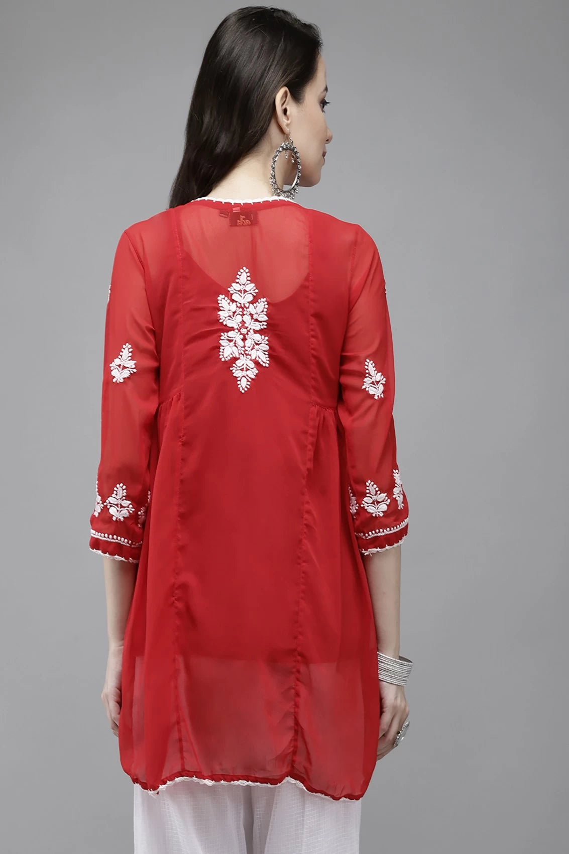 Ada Hand Embroidered Red Georgette Lucknowi Chikankari Flared Kurti With Slip A911148